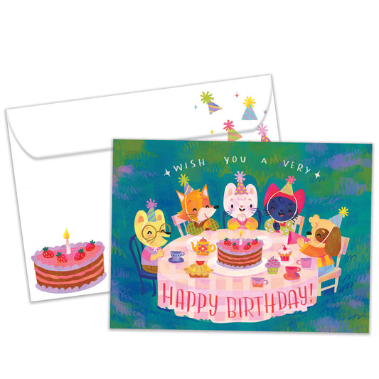 Front view of a Birthday greeting card featuring an illustration of animals sitting around a birthday cake, with a matching envelope