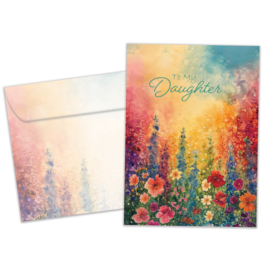 Front view of a Birthday greeting card featuring a colourful floral design and the message "To my daughter", with a matching envelope