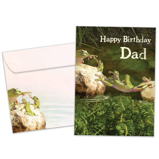 Front view of a Birthday greeting card featuring a frog dad supporting his children and the message "Happy Birthday Dad", with a matching envelope