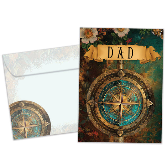 Front view of a Birthday greeting card featuring a beautifully coloured compass and the word "Dad", with a matching envelope.