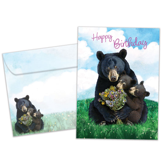 Front view of a Birthday greeting card featuring a mama bear with her cubs and the message "Happy Birthday", with a matching envelope