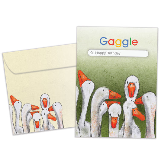 Front view of a Birthday greeting card featuring several geese on a search engine page named Gaggle, with a matching envelope