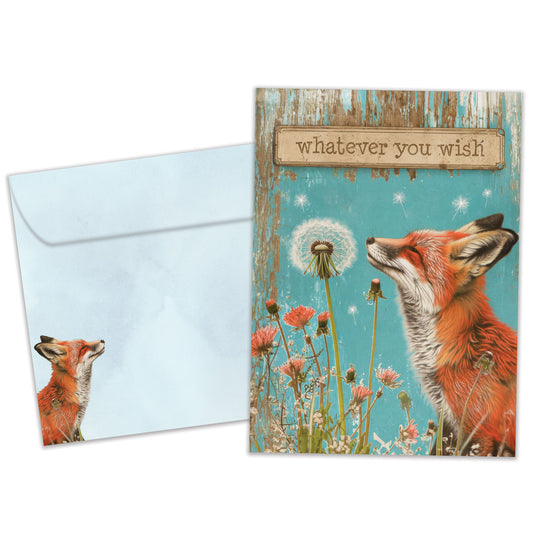 Front view of a Birthday greeting card featuring a beautiful fox with the message "whatever you wish", with a matching envelope