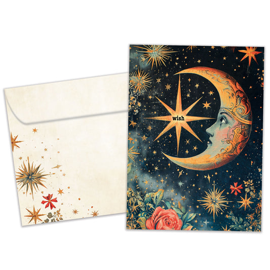 Front view of a Birthday greeting card featuring an illustration of a moon with a face and stars, with a matching envelope.