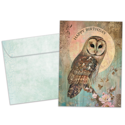 Front view of a Birthday greeting card featuring an illustration of an owl and the message "Happy Birthday" with a matching envelope