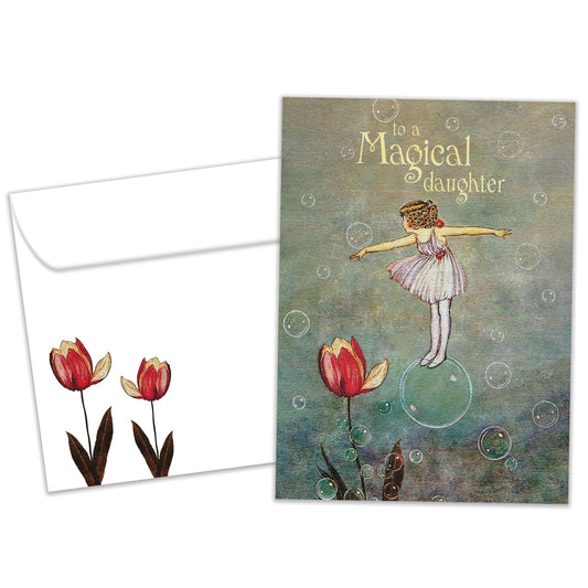 Front view of a Birthday greeting card featuring a girl floating on a bubble with the message "to a magical daughter," with a matching envelope.
