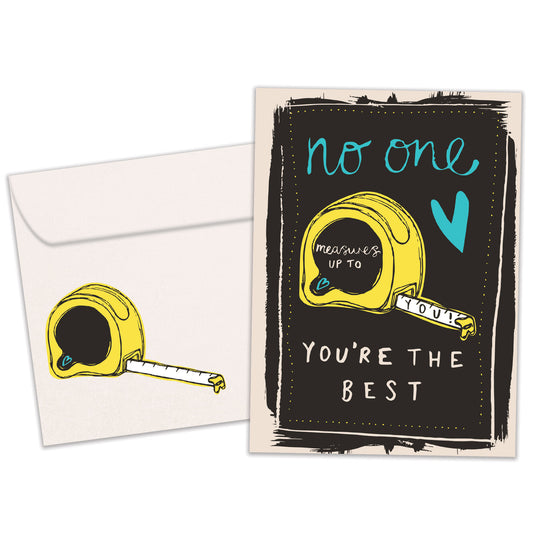 Front view of a Birthday greeting card featuring an illustration of a tape measure with a message about measuring up, with a matching envelope.