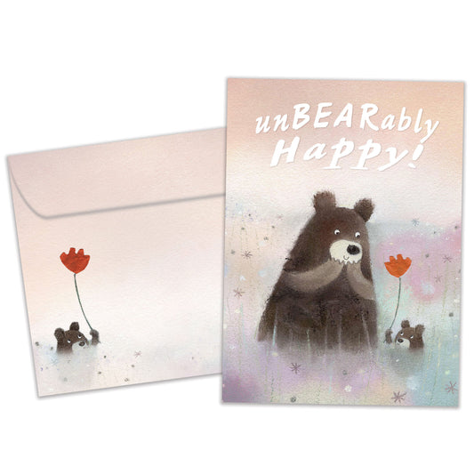 Front view of a Birthday greeting card featuring an illustration of a cub bear handing a flower to a bear, with a matching envelope.