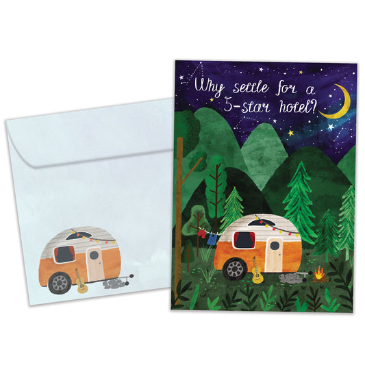 Front view of a Birthday greeting card featuring an illustration of a camper in the woods at night, with a matching envelope.