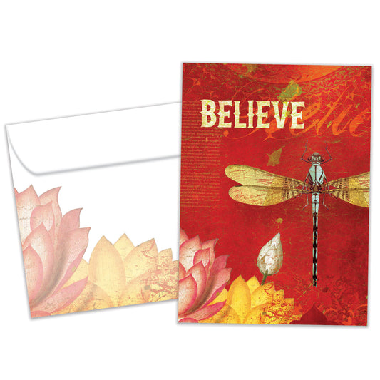 Front view of an All Occasion greeting card and matching envelope featuring a dragonfly and flowers illustration with the word 'Believe.'