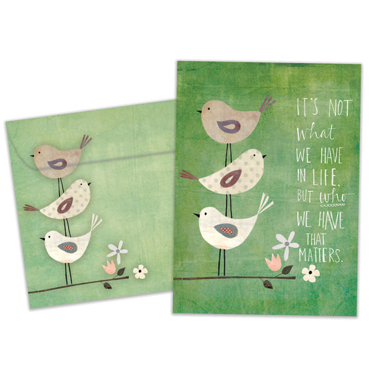 Front view of an All Occasion greeting card and matching envelope featuring an illustration of birds on a branch with a message about the important people in our lives.