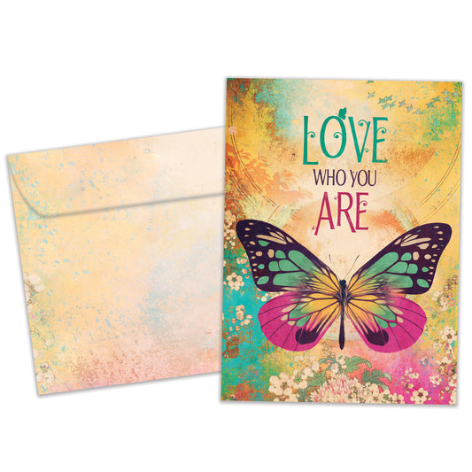 Front view of an All Occasion greeting card and matching envelope featuring a beautifully illustrated butterfly with the message 'Love Who You Are' in an uplifting design.