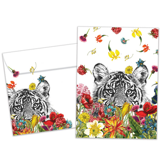 Front view of an All Occasion greeting card and matching envelope featuring a tiger surrounded by vibrant flowers in a bold and artistic design.