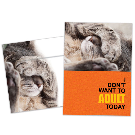 Front view of an All Occasion greeting card and matching envelope featuring an illustration of a cat hiding its face with a cute message about not wanting to adult today.