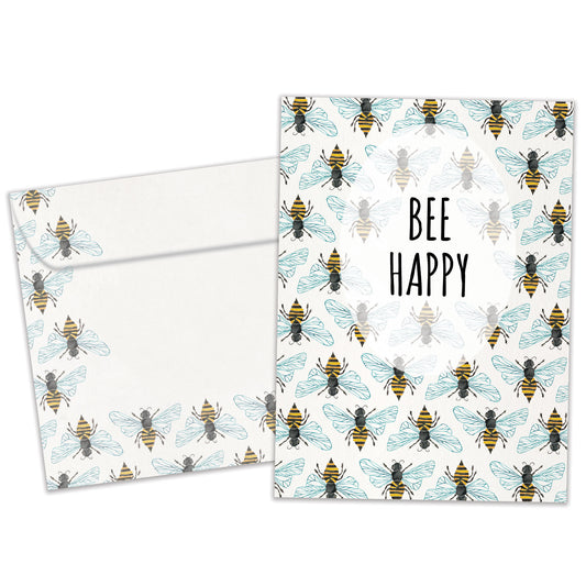 Front view of an All Occasion greeting card and matching envelope featuring bees and the cheerful message 'bee happy' in a playful design.