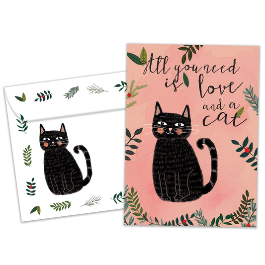Front view of an All Occasion greeting card and matching envelope featuring a cat with the message 'all you need is love and a cat' in a charming design.