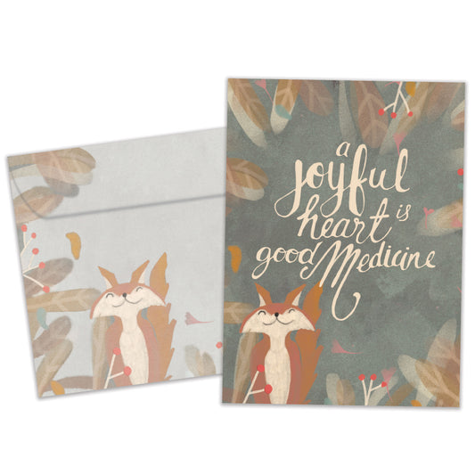Front view of an All Occasion greeting card and matching envelope featuring a happy fox and a joyful message in a cheerful design.