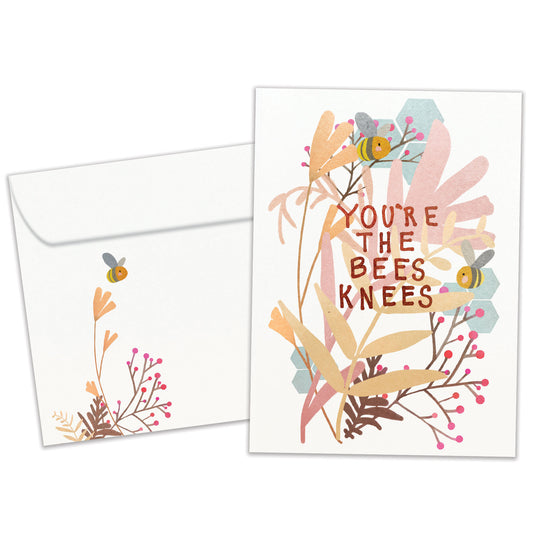 Front view of an All Occasion greeting card and matching envelope featuring an illustration of bees and the fun message 'you're the bees knees.