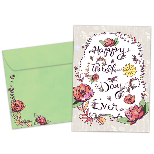 Front view of an All Occasion greeting card and matching envelope featuring the message 'Happy best day ever' surrounded by an intricate floral design.