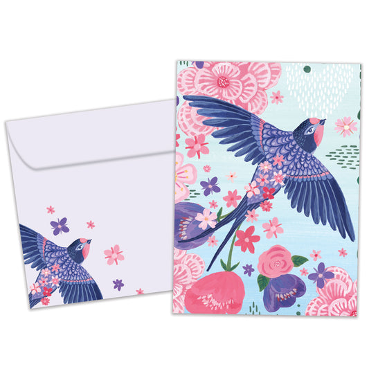 Front view of an All Occasion greeting card and matching envelope featuring a whimsical bird with floral design.