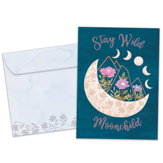 Front view of an All Occasion greeting card and matching envelope with a moon and floral illustration on a dark blue background.