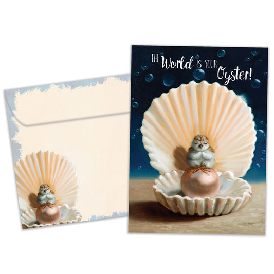 Front view of an All Occasion greeting card and matching envelope with an oyster and pearl illustration and a joyful message.