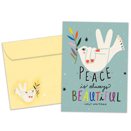 Front view of an All Occasion greeting card and matching envelope with an illustration of a bird and the message 'Peace is always beautiful'.