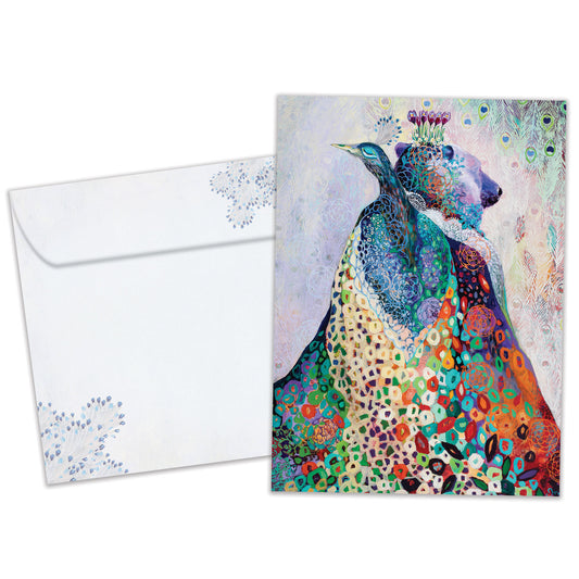 Front view of an All Occasion greeting card and matching envelope with a vibrant illustration of a peacock and a bear.