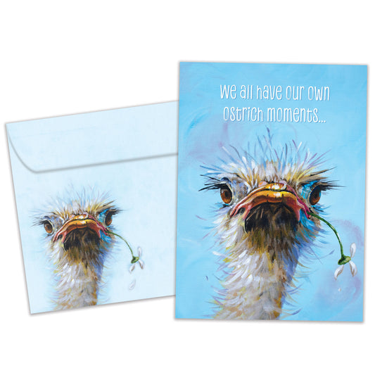 Front view of a Birthday greeting card featuring an illustrated ostrich face with the message "we all have our own ostrich moments...", with a matching envelope.