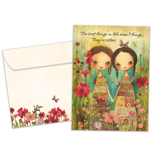 Front view of a Birthday greeting card featuring an illustration of two sisters holding hands surrounded by colorful flowers, with a matching envelope.