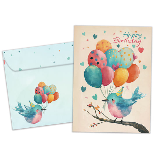 Front view of a Birthday greeting card featuring an illustration of a bird on a branch wearing a birthday cap and holding birthday balloons, with a matching envelope.
