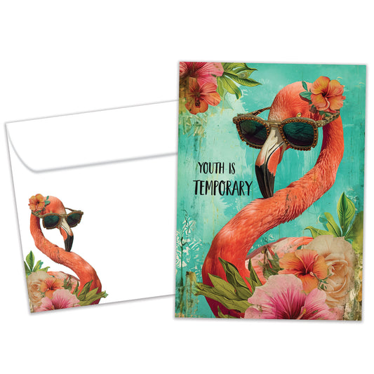 Front view of a Birthday greeting card featuring an illustration of a flamingo wearing sunglasses, with a matching envelope.