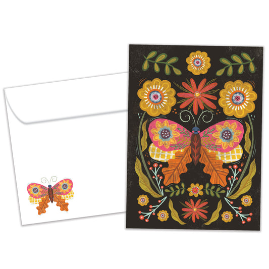 Front view of an All Occasion greeting card and matching envelope with a butterfly and flowers on a dark background.