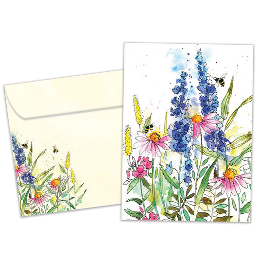 Front view of an All Occasion greeting card and matching envelope featuring wildflowers and bees on a white background.