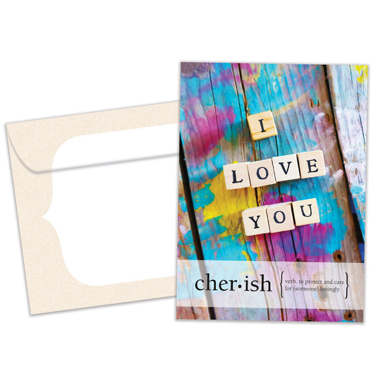 Front view of an Anniversary greeting card and matching envelope featuring the message "I love you" along with the word "cherish.