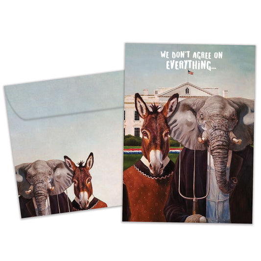 Front view of an Anniversary greeting card and matching envelope featuring a playful illustration of a married mule and elephant couple.