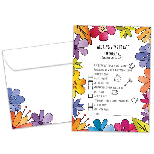 Front view of an Anniversary greeting card and matching envelope featuring a list of wedding vows update surrounded by floral artwork.