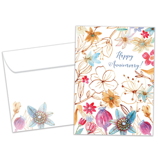 Front view of an Anniversary greeting card and matching envelope featuring "Happy Anniversary!" surrounded by floral artwork.
