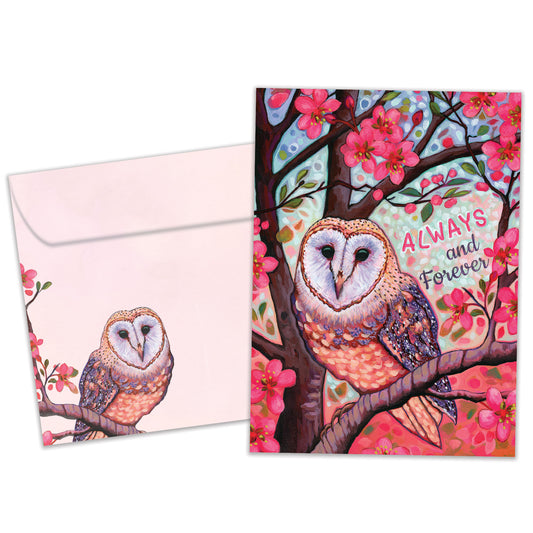 Front view of an Anniversary greeting card and matching envelope featuring a vibrant illustration of an owl and the words "Always and Forever."