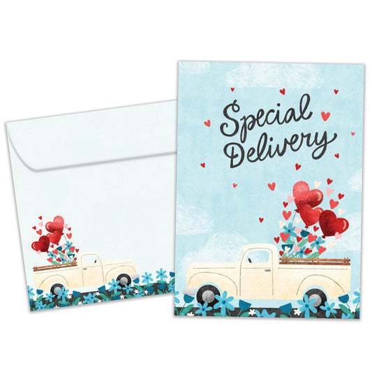 Front view of an Anniversary greeting card and matching envelope featuring a truck filled with hearts and the message "Special Delivery."