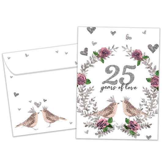 Front view of an Anniversary greeting card and matching envelope featuring "25 years of love" with flowers and two birds.