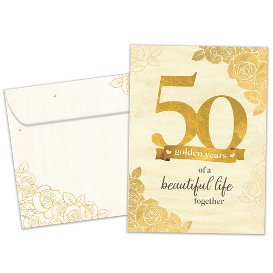 Front view of an Anniversary greeting card and matching envelope featuring "50 golden years of a beautiful life together" in gold writing.