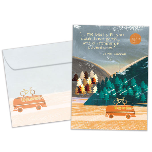 Front view of an Anniversary greeting card and matching envelope featuring a camper vehicle journeying through scenic mountains.
