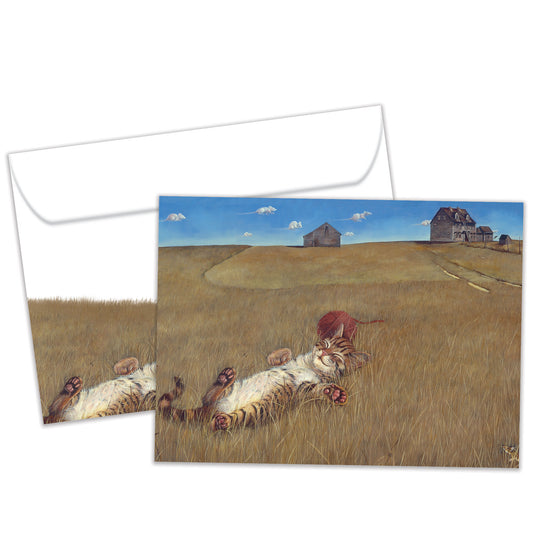 Front view of a Birthday greeting card and matching envelope featuring a peaceful illustration of a cat sleeping in a farm field