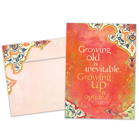 Front view of a Birthday greeting card and matching envelope featuring a message about growing older on an artistic background.