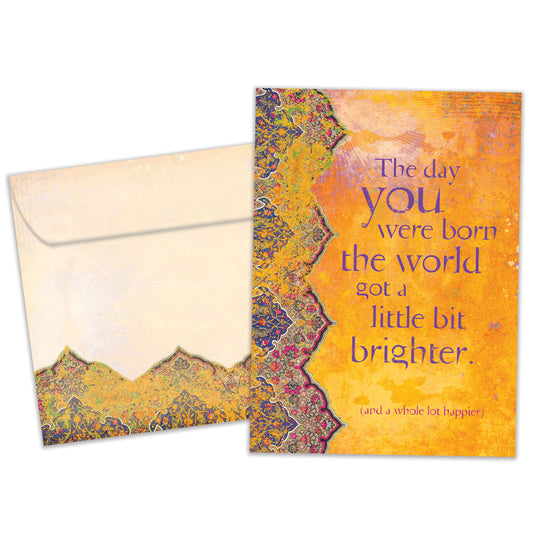 Front view of a Birthday greeting card and matching envelope featuring a thoughtful message on an artistic amber background.