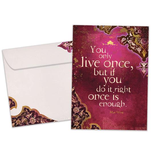 Front view of a Birthday greeting card and matching envelope featuring an inspiring message about living life on a wine coloured background.