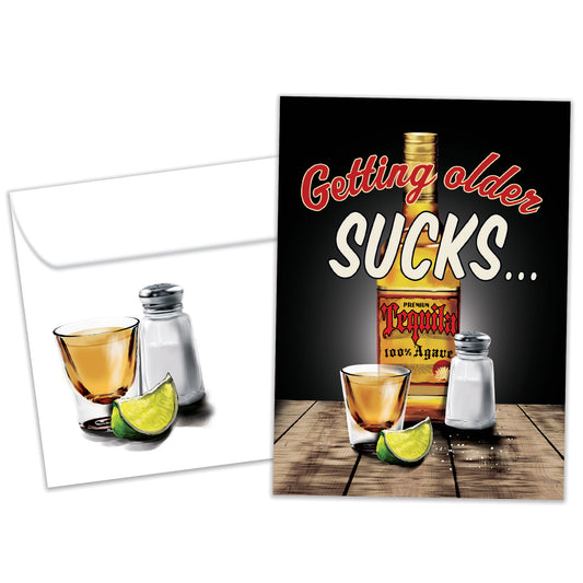 Front view of a Birthday greeting card and matching envelope featuring an illustration of tequila and salt with the message "getting older sucks."