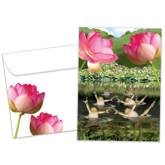 Front view of a Birthday greeting card and matching envelope featuring frogs in a pond doing synchronized swimming.