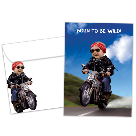 Front view of a Birthday greeting card and matching envelope featuring a baby riding a motorcycle with the words "Born to be wild!"